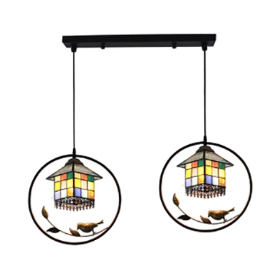 Stained Glass House Hanging Light with Bird Decoration 2 Lights Rustic Style Pendant Lamp for Bar