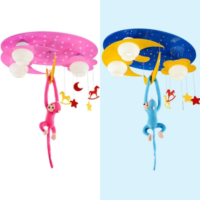 Star Moon Flush Ceiling Light with Toy Monkey Cute Metal Light Fixture in Blue/Pink for Kid Bedroom