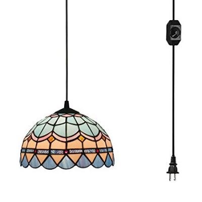 Study Room Peacock Tail Hanging Light Stained Glass Tiffany Style Blue Ceiling Lamp with Plug In Cord