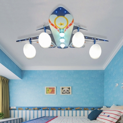 Teen Airplane LED Flush Mount Light Remote Control Wood Cartoon Blue Ceiling Light