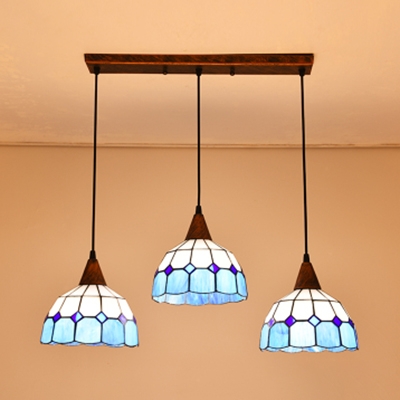 Tiffany Lattice Dome Island Light 3 Lights Art Glass Hanging Light in Blue/Orange/Pink/Yellow for Hallway