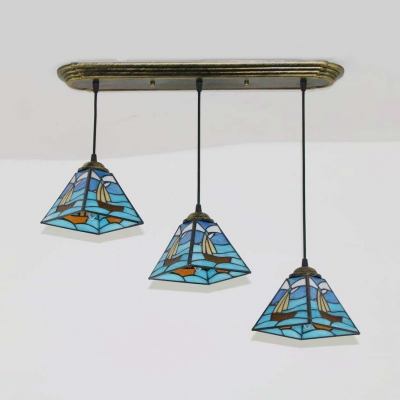 Tiffany Multi-Color Pendant Light Boat/Flower 3 Lights Glass Suspension Light for Study Room