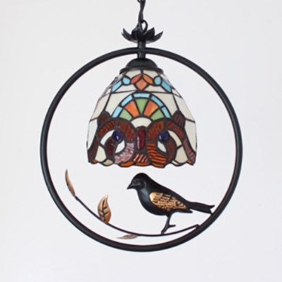 Tiffany Rustic Dome/Lodge Pendant Light Stained Glass 1 Head Suspension Light with Bird for Hallway
