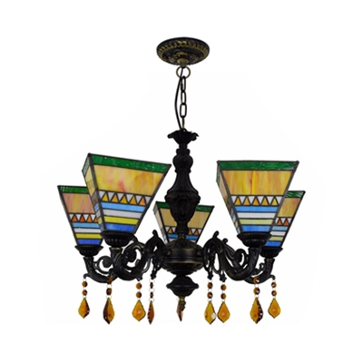 Tiffany Style Blue/Yellow Chandelier with Crystal Craftsman 5 Lights Glass Hanging Light for Villa