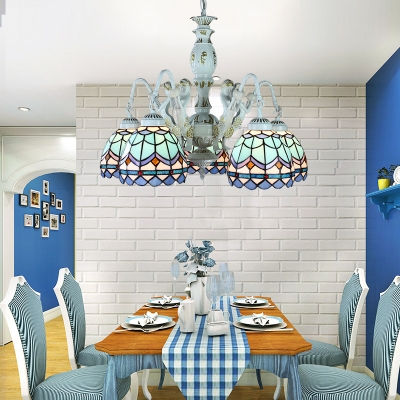 Tiffany Style Cone/Dome Chandelier Art Glass 5 Lights Blue Suspension Light for Dining Room