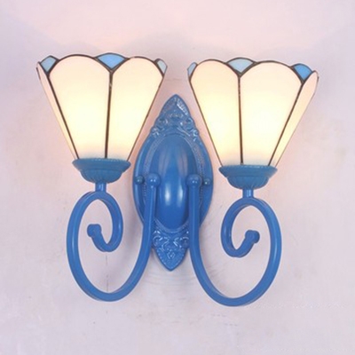 Tiffany Style Cone Wall Sconce Blue/White Glass 2 Lights Wall Light for Study Room Stair