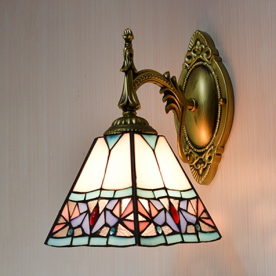 Tiffany Style Conical Wall Light Stained Glass 1 Light Carved Sconce Light for Bathroom