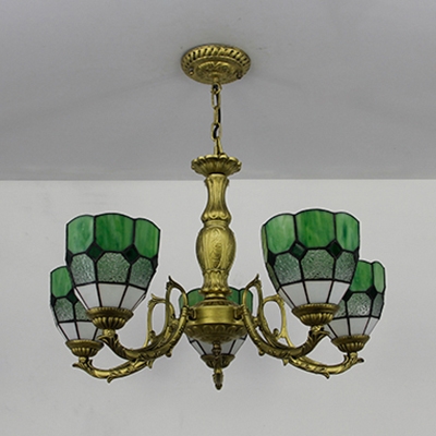 Tiffany Style Domed Pendant Lamp Blue/Clear/Green/Orange Glass 5 Lights Chandelier for Dining Room