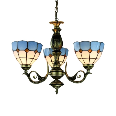 Tiffany Style Nautical Dome Chandelier Glass 3 Lights Blue Pendant Light for Hallway Foyer