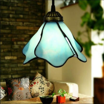 Traditional Flower Ceiling Light 1 Light Blue Glass Hanging Lamp with Plug In Cord for Stair