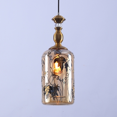 Traditional Hanging Light Cylinder Shade 1 Light Glass Ceiling Light with Leaf Decoration for Kitchen