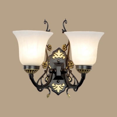 White Bell Shade Wall Light 1/2 Lights Traditional Frosted Glass Sconce Lamp with Flower for Bathroom
