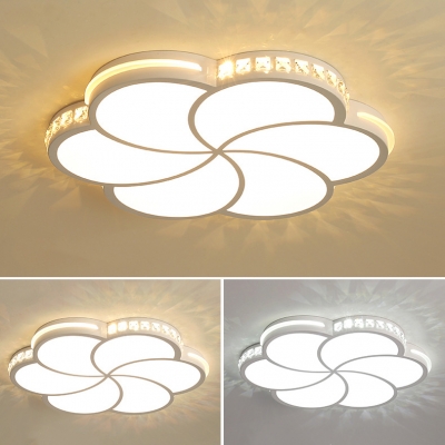 White Floral Theme Ceiling Mount Light Modern Warm/White Lighting LED Flush Light with Crystal for Bedroom