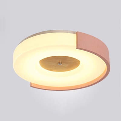 Wood Concentric Circles Flush Ceiling Light Modern LED Ceiling Fixture in Green/Pink/Yellow for Kindergarten