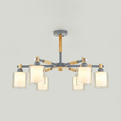 Wood Glass Cylinder Pendant Light 6 Lights Modern Chandelier with Macaron Color for Restaurant