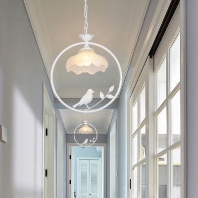 1 Light Petal Ceiling Light Rustic Style Frosted Glass Suspension Light with Bird Decoration for Study Room