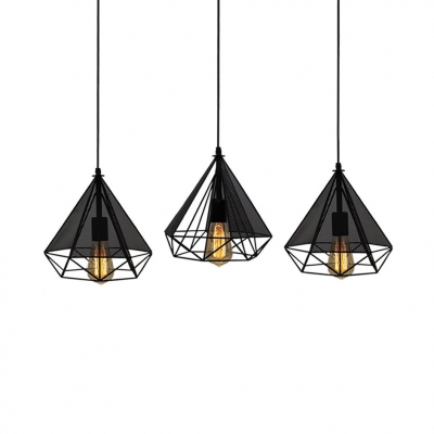 3 Lights Diamond Cage Suspension Light Antique Style Ceiling Light in Black for Kitchen