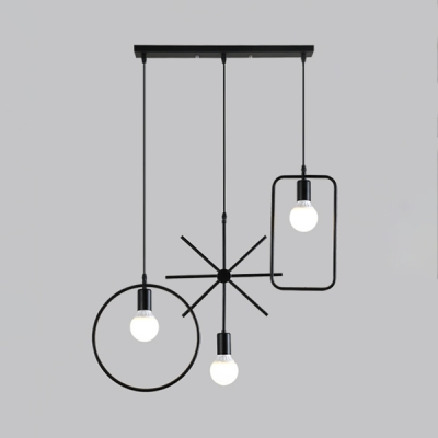 3 Lights Wire Frame Pendant Light Industrial Metal Hanging Lamp in Black for Living Room