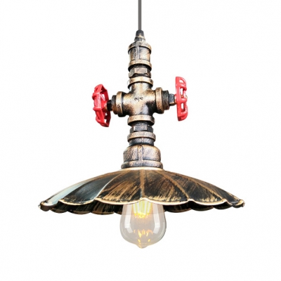 Industrial Scalloped Edge Pendant Lamp with Pipe 1 Light Aged Brass/Rust Suspension Light for Bar