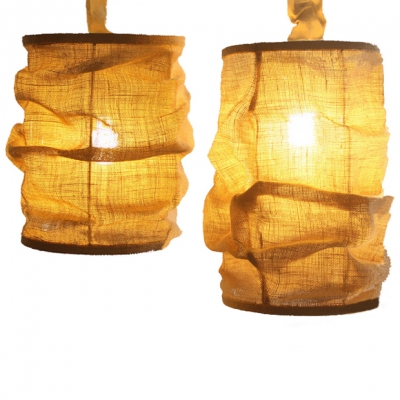 Villa Restaurant Cylinder Hanging Lamp Fabric 1 Light Asian Style Suspension Light