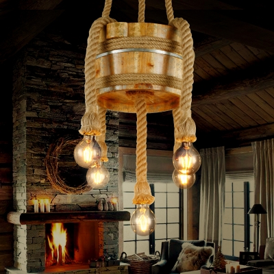 Restaurant Bare Bulb Chandelier with Barrel Hemp Rope Wood Rustic Style Beige Pendant Light