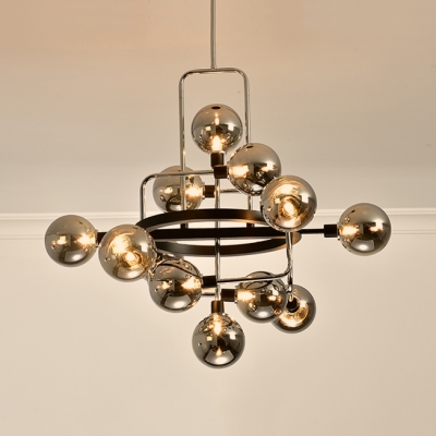 Amber/Cream/Smoke Glass Chandelier with Globe Shade 12 Lights Contemporary Hanging Light for Study Room