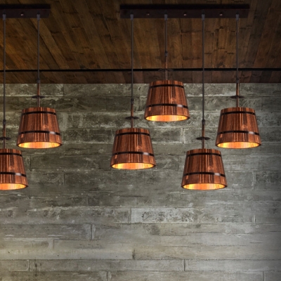Antique Barrel Ceiling Pendant Wood 4 Lights Brown Hanging Light with Linear/Round Canopy for Shop