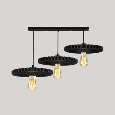 Antique Black Pendant Light Gear 3 Lights Metal Ceiling Light with Linear/Round Canopy for Bar