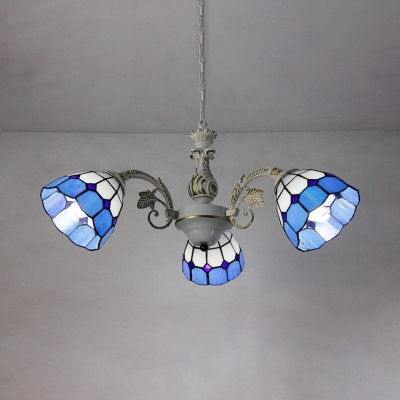 Antique Style Dome Chandelier Stained Glass 3 Lights Blue/Green/Pink/Yellow Hanging Light for Foyer