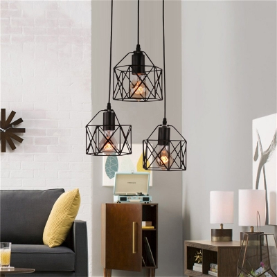 Antique Wire Frame Hanging Light with Linear/Round Canopy Metal 3 Lights Black Island Pendant for Kitchen