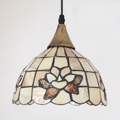 Beads/Flowers Restaurant Pendant Lamp Shell 8 Inch Rustic Style Hanging Light in Beige