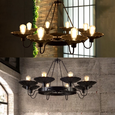 Black Scalloped Edge Pendant Lamp 8 Lights Industrial Bare Bulb Chandelier for Dining Room