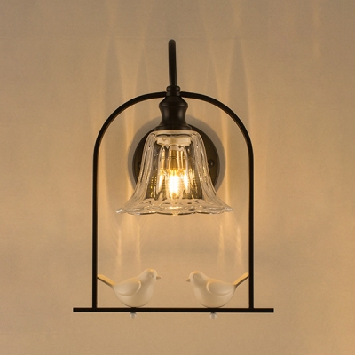 Black/White Bell Sconce Lamp with Bird 1 Light Rustic Glass Wall Light for Adult Kid Bedroom