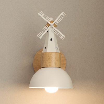 Black/White Dome Wall Light with Windmill 1 Light Nordic Style Wood Sconce Light for Corridor
