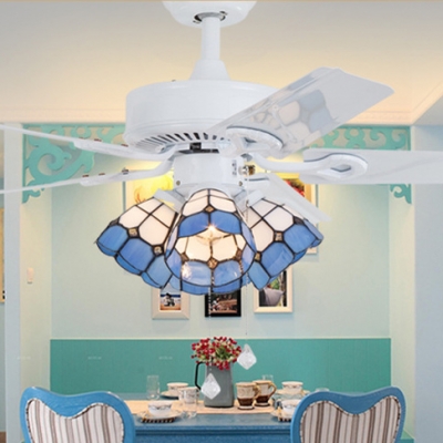 Blue/Orange Dome LED Ceiling Fan 4 Lights Tiffany Glass Ceiling Light for Hotel Restaurant
