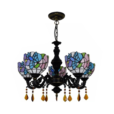 Bowl Shade Pendant Light with Crystal 5 Lights Rustic Style Stained Glass Chandelier for Shop Bar
