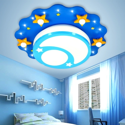 Child Bedroom Star Moon Ceiling Fixture Acrylic Eye-Caring Blue LED Flush Mount Light