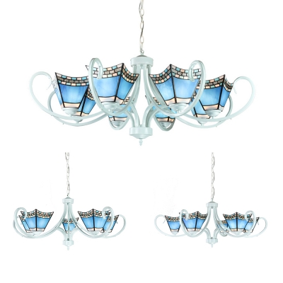 

Craftsman Cafe Restaurant Chandelier Glass 5/6/8 Lights Mediterranean Style Suspension Light in Blue, HL529230