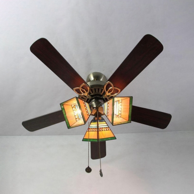 Craftsman Living Room Semi Flush Ceiling Light Metal 3 Heads Vintage Ceiling Fan with Wood Blade