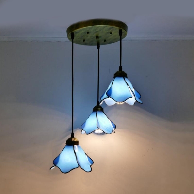 Creative Bloom Shade Pendant Light Blue/Clear/Pink Glass Three-Light Ceiling Light for Restaurant