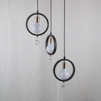 Creative Ring Suspension Light with Crystal 3 Lights Glass Hanging Light in Black for Bedroom