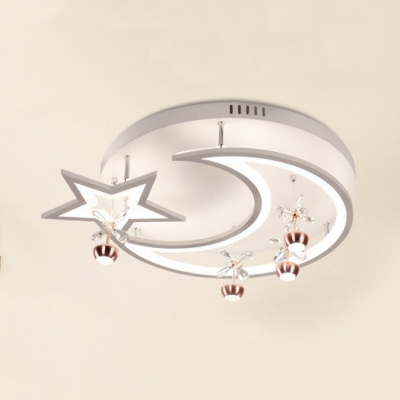 Crescent Star LED Semi Ceiling Mount Light with Crystal Metal Creative Flush Light in Warm White/White for Kindergarten