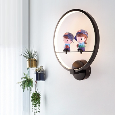 Cute Circle Wall Sconce with Toy Decoration Metal Black Wall Light in Third Gear for Boy Girl Bedroom