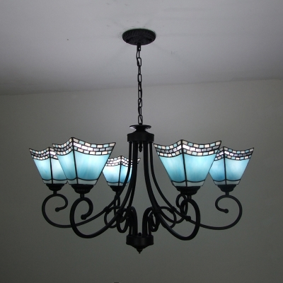 Dining Room Craftsman Pendant Lamp Stained Glass 6 Lights Mediterranean Style Dark Blue/Sky Blue Chandelier