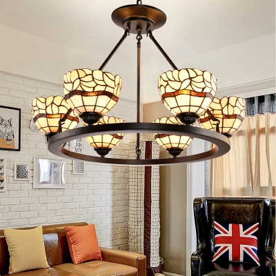 Dining Room Dome Shade Chandelier Glass Metal 6 Lights Tiffany Style Beige Hanging Light