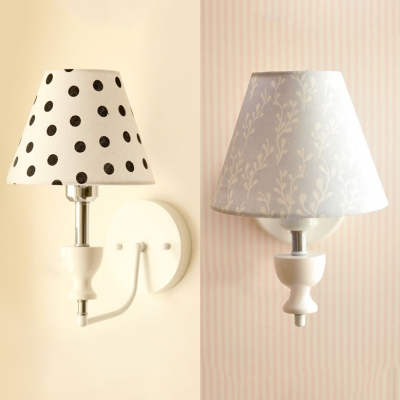 Fabric Tapered Shade Sconce Light Kids Bedroom 1 Light Lovely Wall Light with Dottie/Leaf