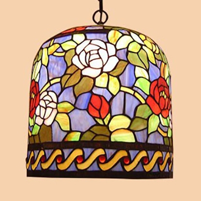 Floral Theme Foyer Ceiling Light Stained Glass 10 Inch Tiffany Style Suspension Light