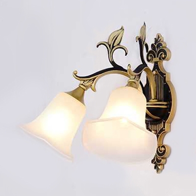 Frosted Glass Bell Shade Sconce Lamp with Leaf 1/2 Lights Vintage Wall Light in White for Hallway