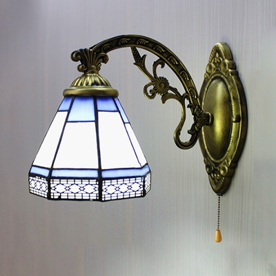 Glass Cone Wall Light 1 Light Vintage Style Engraved Sconce Light with Pull Chain for Hallway