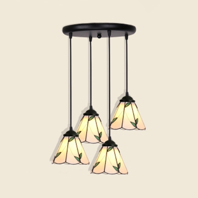 Glass Conical Shade Pendant Lamp with Leaf 4/5/6 Heads Rustic Stylish Hanging Light in Beige